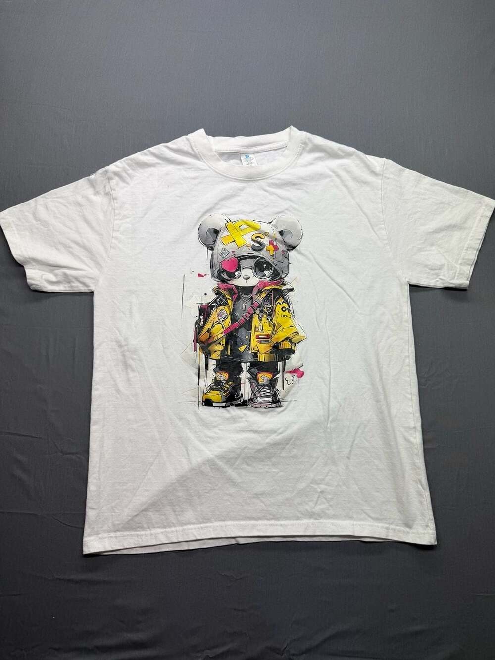 Cartoon Bear Graphic Print Casual Short Sleeve Crew Neck T-Shirt White Medium
